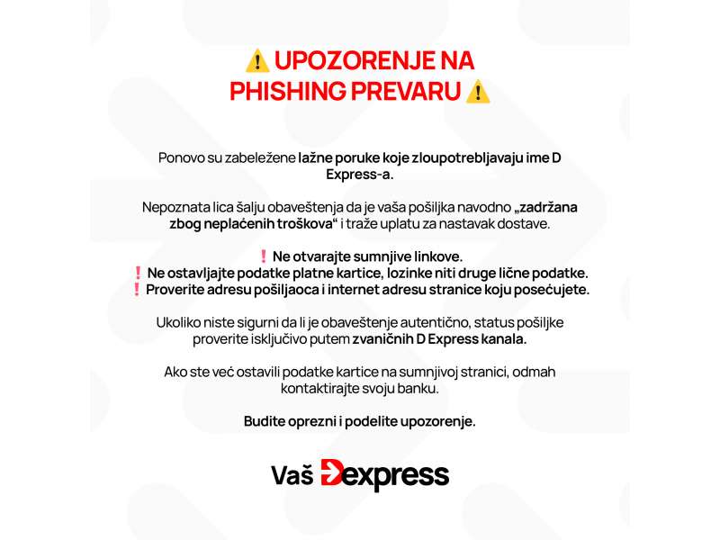 UPOZORENJE NA PHISHING PREVARU