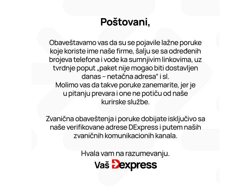 Obaveštenje o lažnim porukama u ime DExpress-a