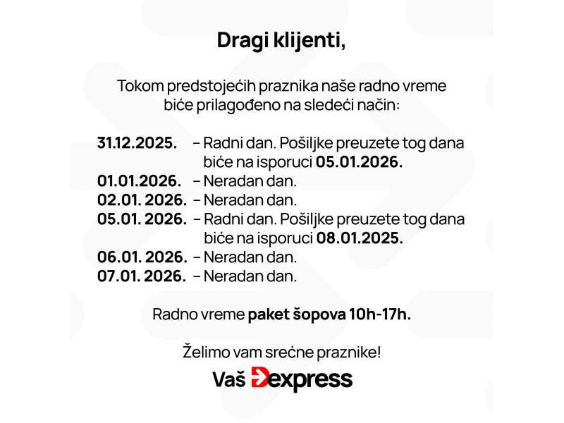 OBAVEŠTENJE – Radno vreme za novogodišnje i božićne praznike